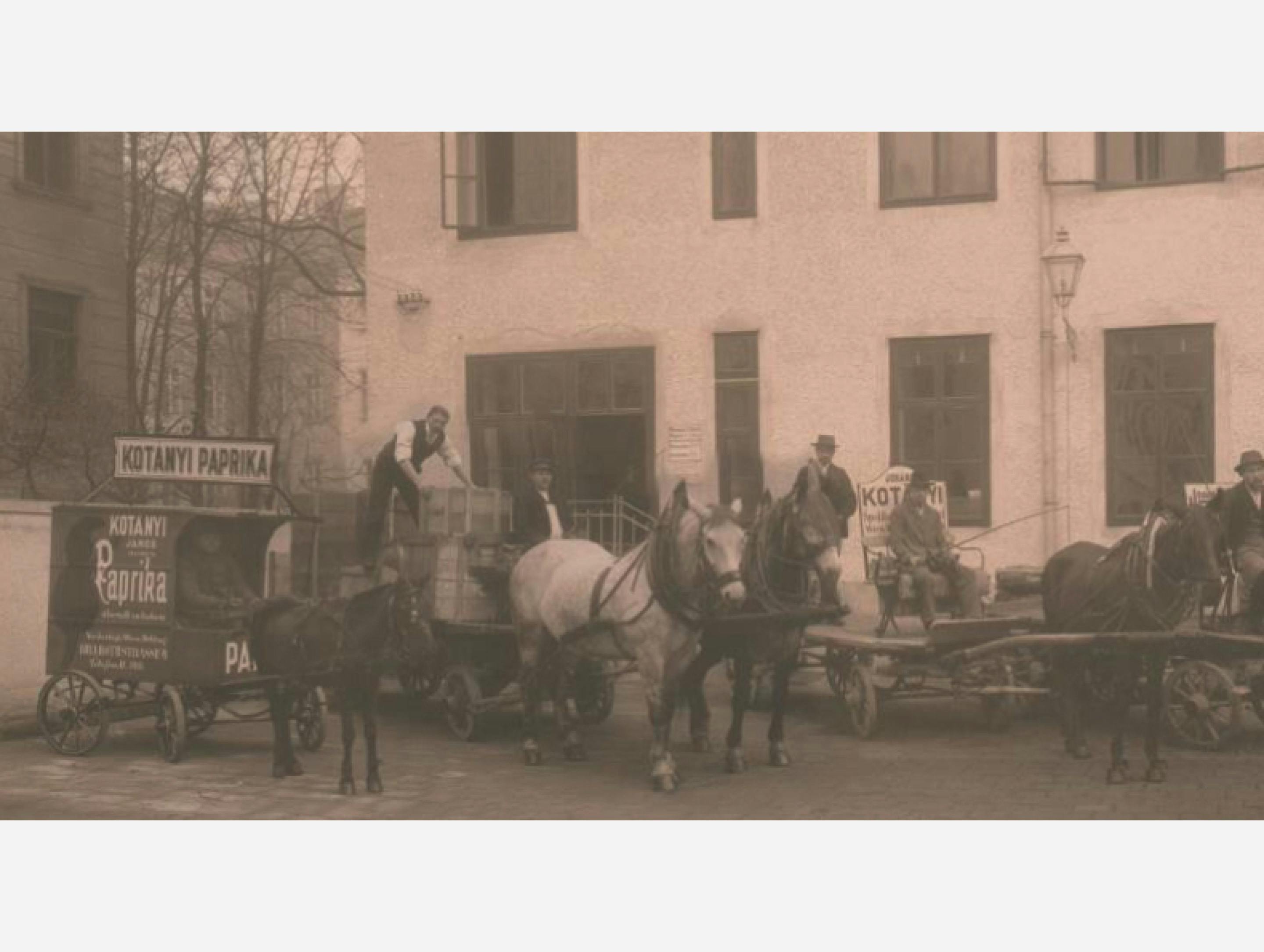 Črno-bela fotografija: dostava paprike s kočijami, ki jih vlečejo konji leta 1881