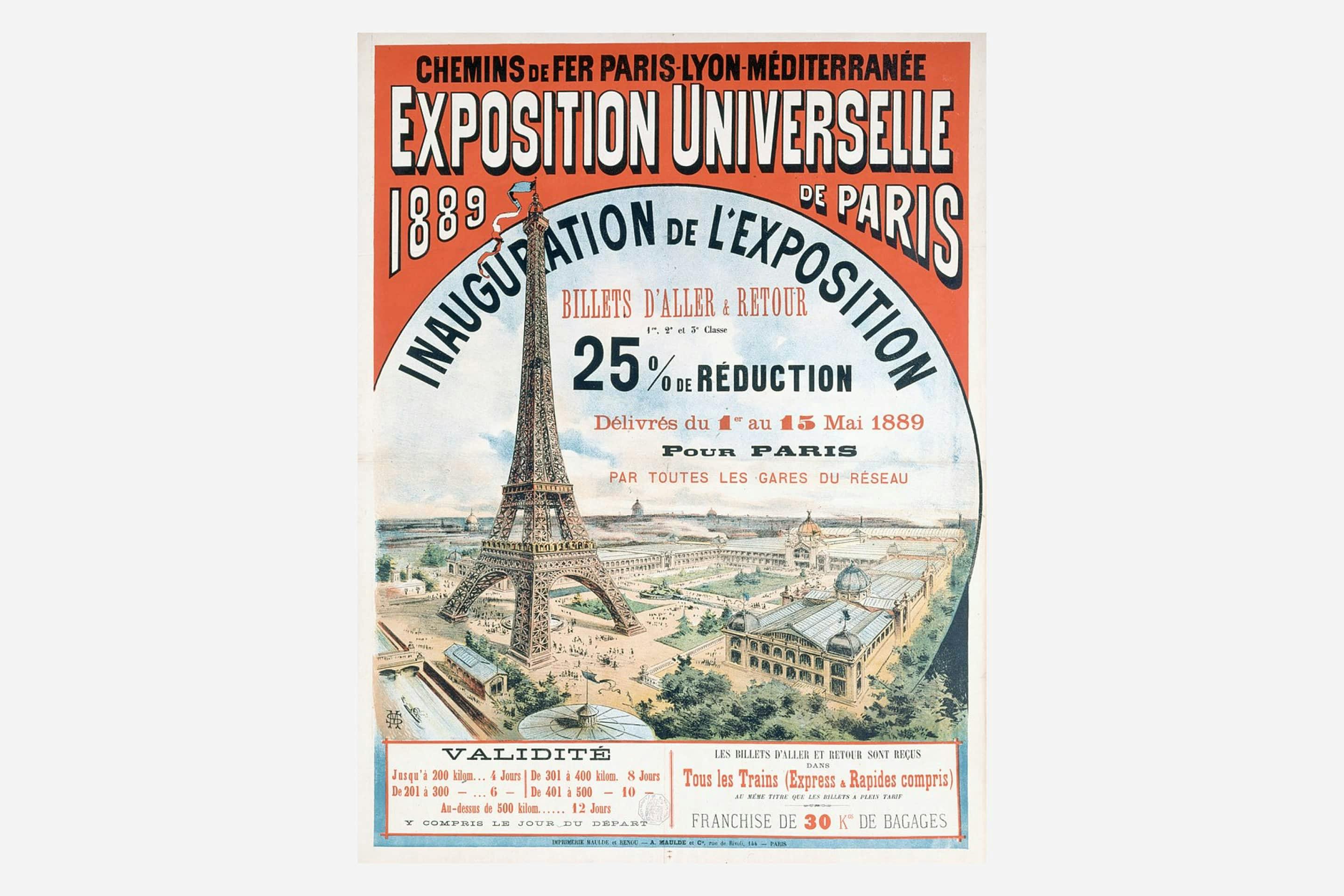 Plakat pariške razstave leta 1889 z risbo Eifflovega stolpa.