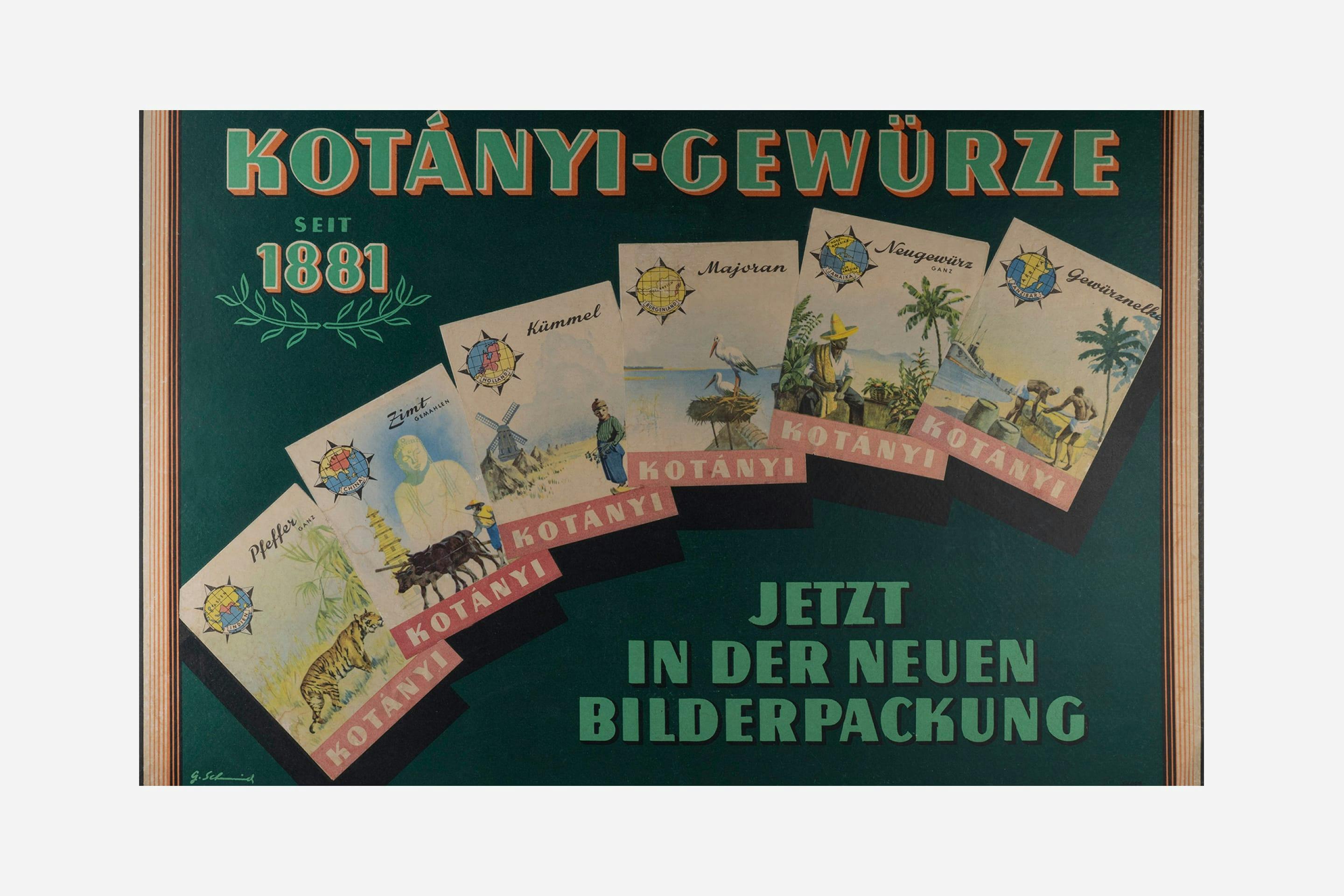 Oglaševalski plakat za Kotányi za naslikane vrečke iz 70. let prejšnjega stoletja